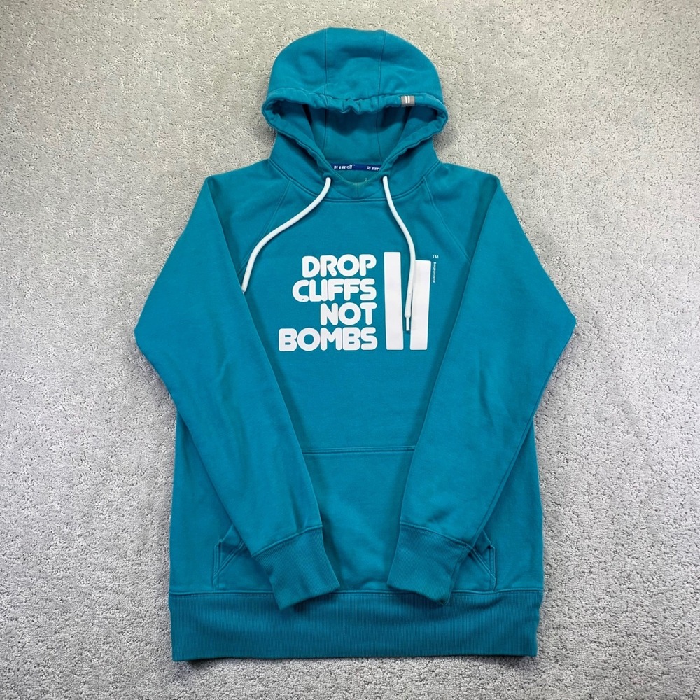 Planks Clothing Hoodie Size Small Teal Drop Cliffs Not Bombs Ski Snowboard Stain